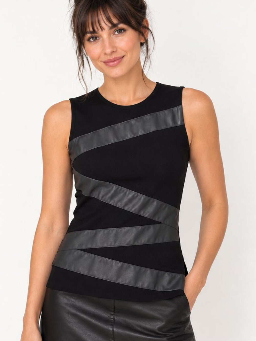 Bailey 44 Black Sleeveless Stretch Top with Faux Leather, Size S